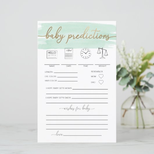 Mint Green Waterverf Baby Predictions Game (Staand voorkant)