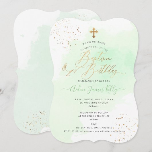 Mint Green Waterverf Baptism+1st Birthday Kaart (Voorkant / Achterkant)