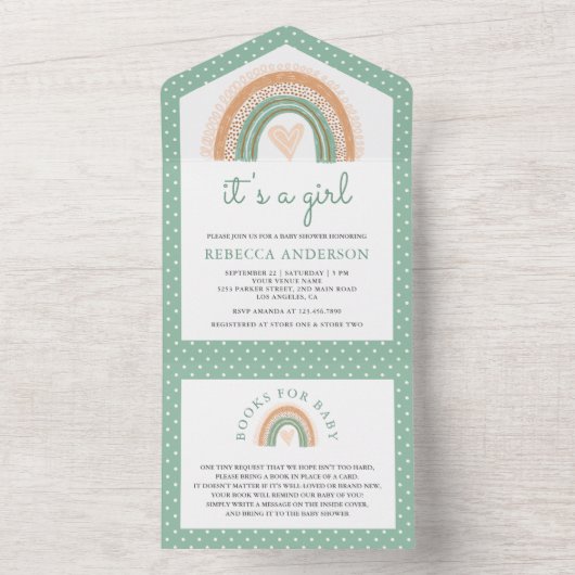 Mint Green Waterverf Boho Rainbow Baby shower All In One Uitnodiging (Binnen)