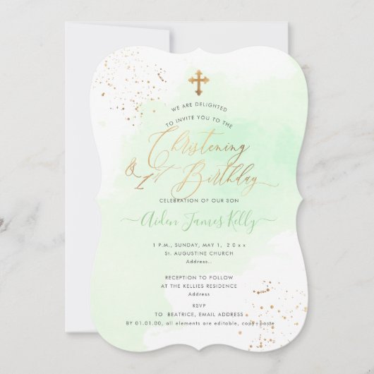 Mint Green Waterverf Christening+1st Birthday Kaart (Voorkant)
