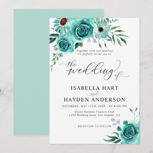 Mint Green Waterverf Floral Elegant Wedding Kaart (Voorkant / Achterkant)