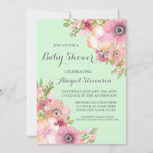 Mint Green Waterverf Flowers Baby shower Kaart (Achterkant)
