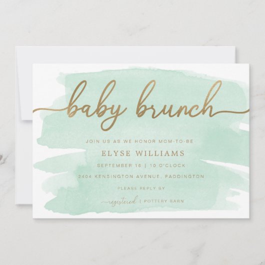 Mint Green Waterverf Gold Baby Brunch Uitnodiging (Voorkant)
