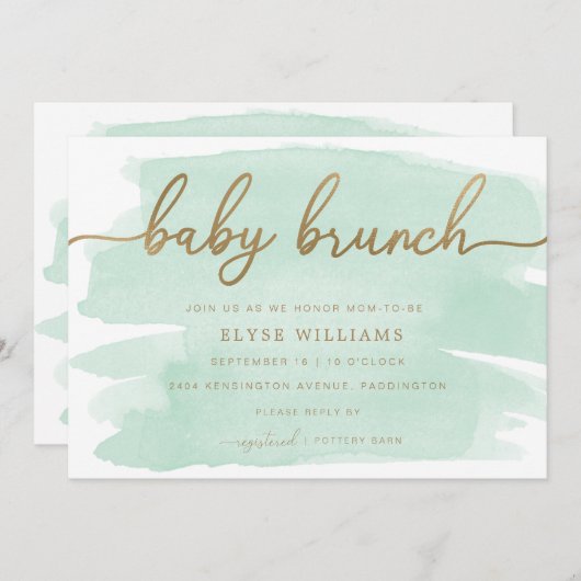 Mint Green Waterverf Gold Baby Brunch Uitnodiging (Voorkant / Achterkant)