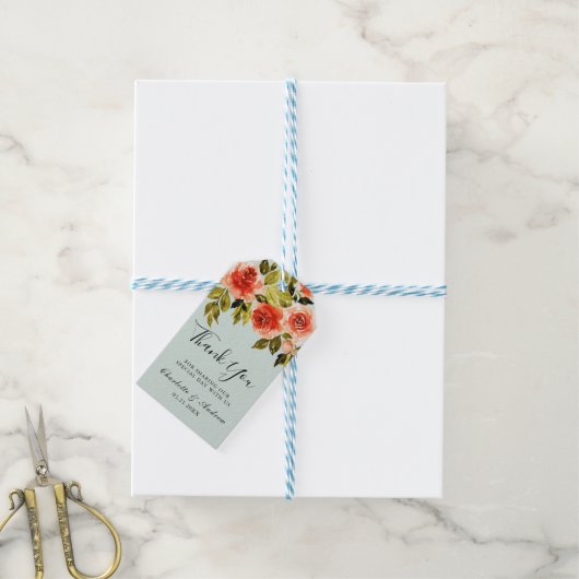 Mint Green Waterverf Rozen Weddenschap Bedankt Cadeaulabel (Met Touw)