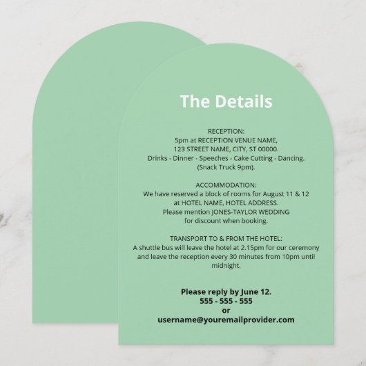 Mint Green Wedding Details Kaart (Voorkant / Achterkant)
