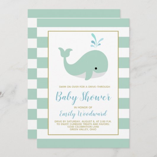 Mint Green Whale Drive-By Baby shower Invitation Kaart (Voorkant / Achterkant)