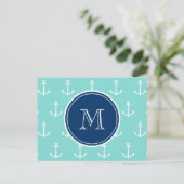 Mint Green White Anchors, Navy Blue Monogram Briefkaart (Staand voorkant)