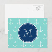 Mint Green White Anchors, Navy Blue Monogram Briefkaart (Voorkant / Achterkant)