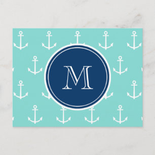 Mint Green White Anchors, Navy Blue Monogram Briefkaart