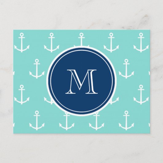 Mint Green White Anchors, Navy Blue Monogram Briefkaart (Voorkant)