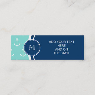 Mint Green White Anchors, Navy Blue Monogram Mini Visitekaartje