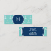 Mint Green White Anchors, Navy Blue Monogram Mini Visitekaartje (Voorkant / Achterkant)