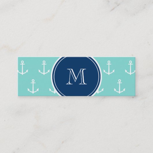Mint Green White Anchors, Navy Blue Monogram Mini Visitekaartje (Voorkant)