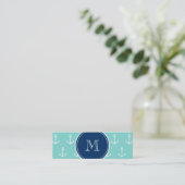 Mint Green White Anchors, Navy Blue Monogram Mini Visitekaartje (Staand voorkant)
