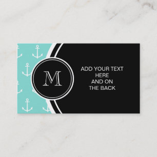 Mint Green White Anchors Pattern, Black Monogram Visitekaartje