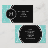 Mint Green White Anchors Pattern, Black Monogram Visitekaartje (Voorkant / Achterkant)