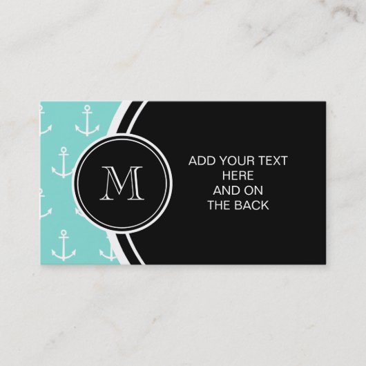Mint Green White Anchors Pattern, Black Monogram Visitekaartje (Voorkant)