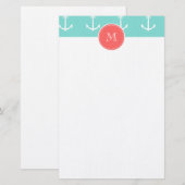Mint Green White Anchors Pattern, Coral Monogram Briefpapier (Voorkant / Achterkant)