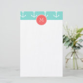 Mint Green White Anchors Pattern, Coral Monogram Briefpapier (Staand voorkant)