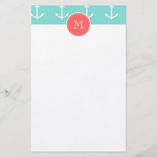 Mint Green White Anchors Pattern, Coral Monogram Briefpapier (Voorkant)