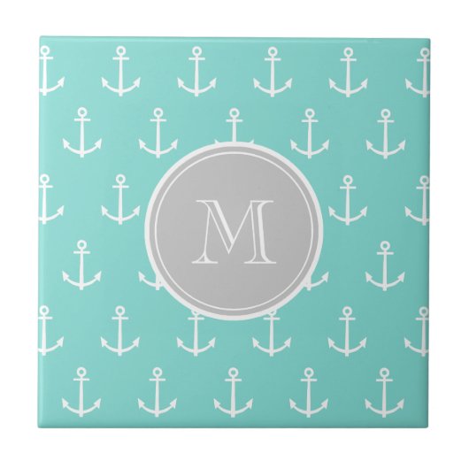 Mint Green White Anchors Pattern, Grey Monogram Tegeltje (Voorkant)