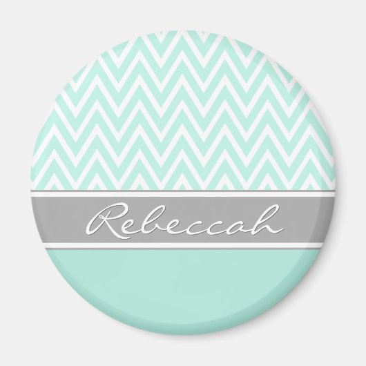 Mint Green White Chevron Zigzag Pattern Grey Name Magneet (Voorkant)