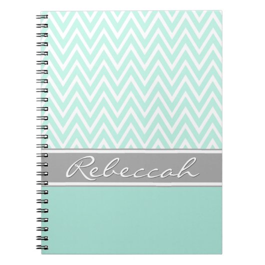 Mint Green White Chevron Zigzag Pattern Grey Name Notitieboek (Voorkant)
