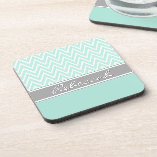 Mint Green White Chevron Zigzag Pattern Grey Name Onderzetter (Linkerzijde)