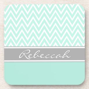 Mint Green White Chevron Zigzag Pattern Grey Name Onderzetter
