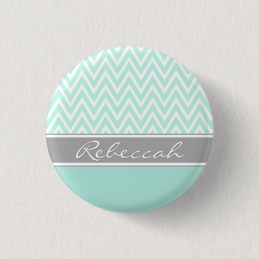Mint Green White Chevron Zigzag Pattern Grey Name Ronde Button 3,2 Cm (Voorkant)