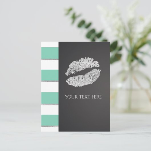 Mint Green & White Faux Silver Shimmer Lips Event Briefkaart (Staand voorkant)