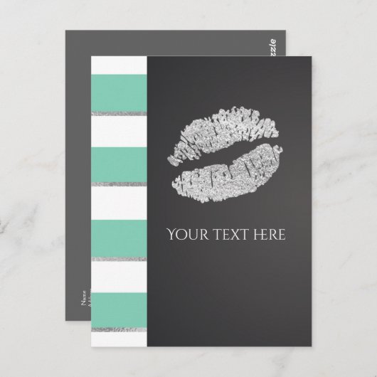 Mint Green & White Faux Silver Shimmer Lips Event Briefkaart (Voorkant / Achterkant)