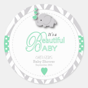 Mint Green, White Grey Elephant Baby shower Ronde Sticker