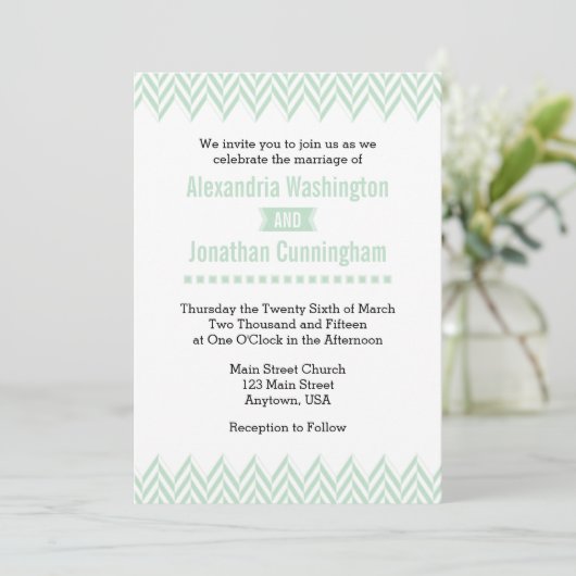 Mint Green White Herringbone Wedding Invitation Kaart (Staand voorkant)
