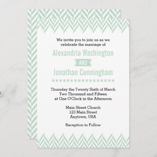Mint Green White Herringbone Wedding Invitation Kaart (Voorkant / Achterkant)