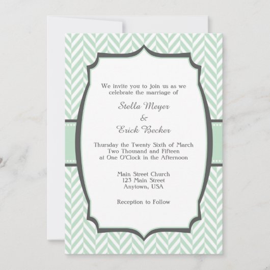 Mint Green White Herringbone Wedding Invitation Kaart (Voorkant)