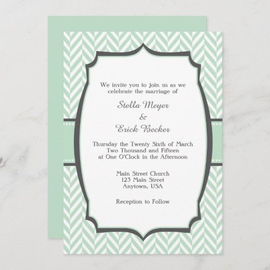 Mint Green White Herringbone Wedding Invitation Kaart (Voorkant / Achterkant)
