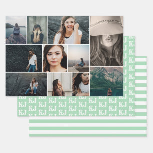 Mint Green White Photo Collage Monogram Inpakpapier Vel