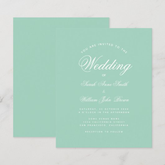 Mint Green White Script Budget Wedding Invitation (Voorkant / Achterkant)