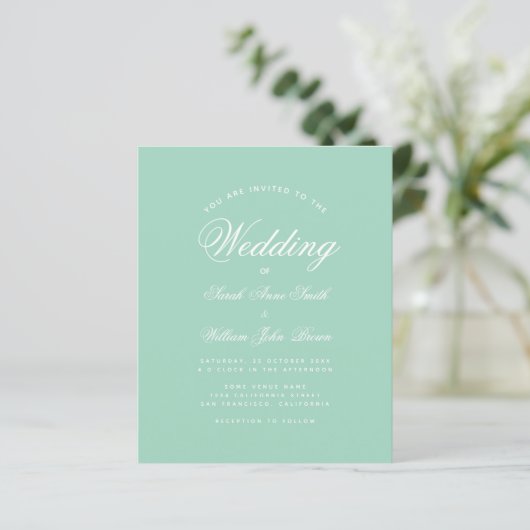 Mint Green White Script Budget Wedding Invitation (Staand voorkant)