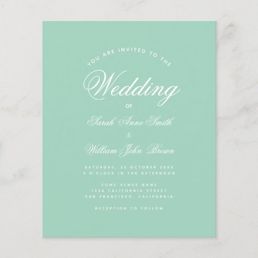 Mint Green White Script Budget Wedding Invitation (Voorkant)