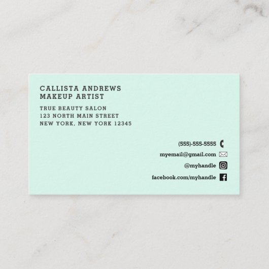 Mint Green White Script Hair Make-up Visitekaartje (Achterkant)