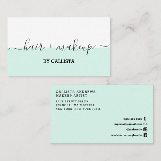 Mint Green White Script Hair Make-up Visitekaartje (Voorkant / Achterkant)