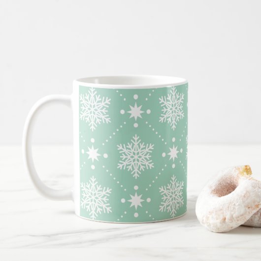Mint Green White Snowflakes kerspatroon Koffiemok (Met donut)