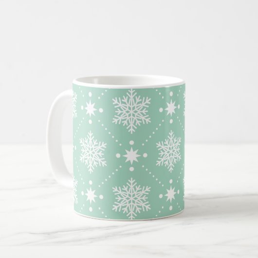 Mint Green White Snowflakes kerspatroon Koffiemok (Voorkant links)