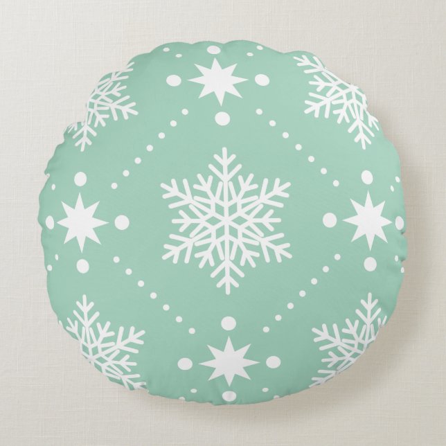 Mint Green White Snowflakes kerspatroon Rond Kussen (Voorkant)