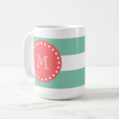 Mint Green White Stripes Pattern, Coral Monogram Koffiemok (Voorkant links)