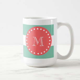 Mint Green White Stripes Pattern, Coral Monogram Koffiemok