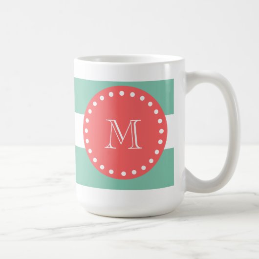 Mint Green White Stripes Pattern, Coral Monogram Koffiemok (Rechts)